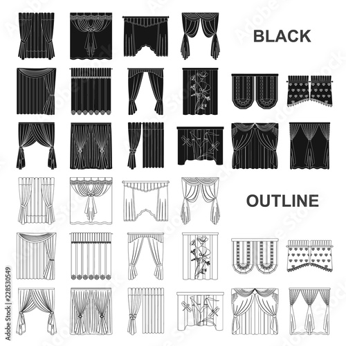 Different kinds of curtains black icons in set collection for design. Curtains and lambrequins vector symbol stock web illustration.