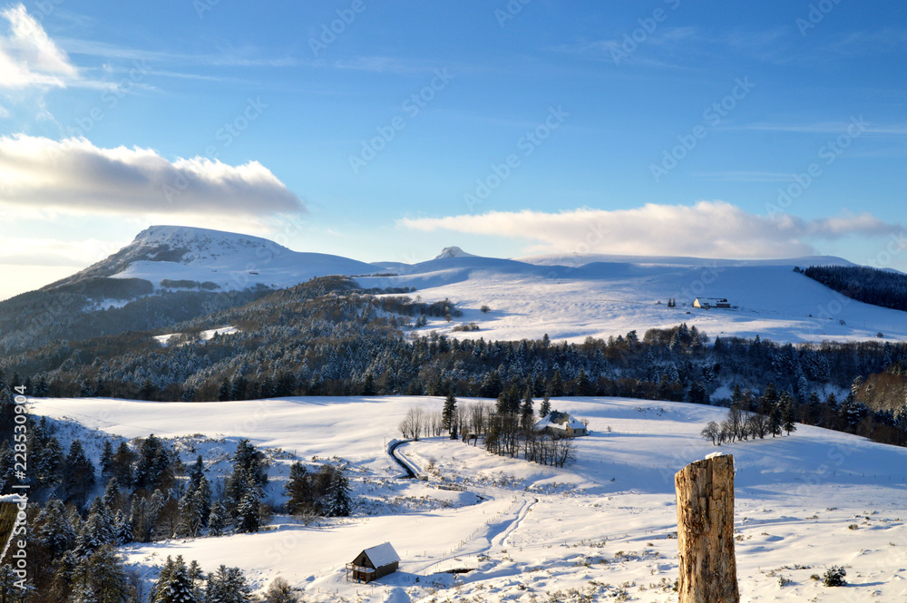 Beautiful winter landscape, with volcanic mountain at dusk