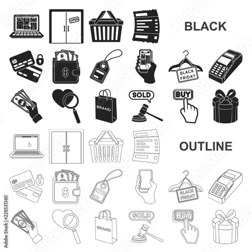 E-commerce, Purchase and sale black icons in set collection for design. Trade and finance vector symbol stock web illustration.