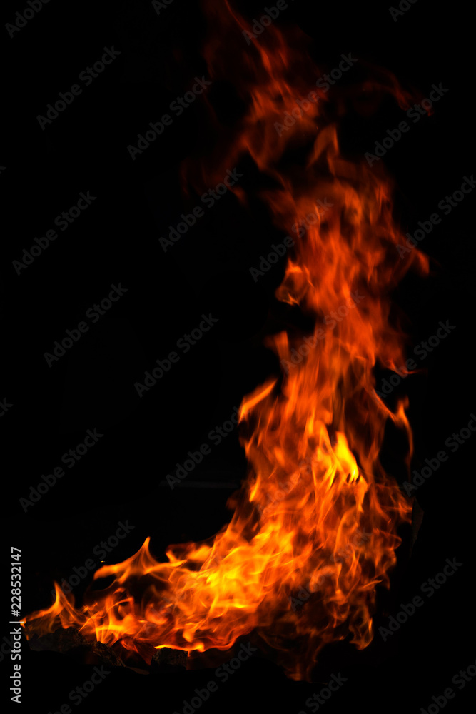 red and orange burning fire flames on black background. - obrazy, fototapety, plakaty 