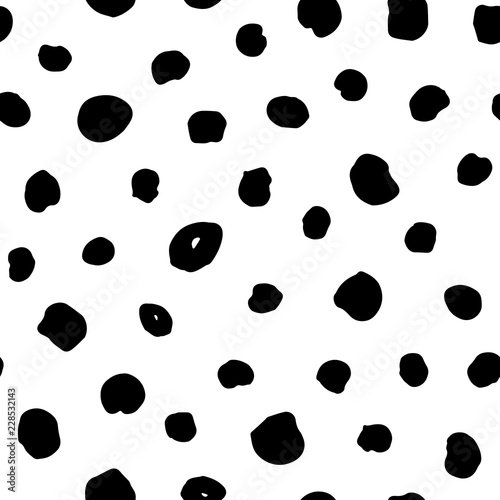Vector seamless black dot pattern with grunge circle spots isolated on white background. Simple graphic design with blotches.