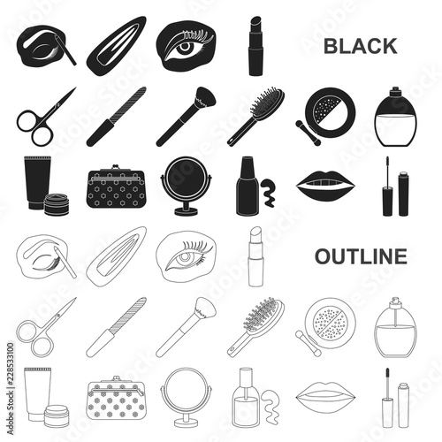 Makeup and cosmetics black icons in set collection for design. Makeup and equipment vector symbol stock web illustration.