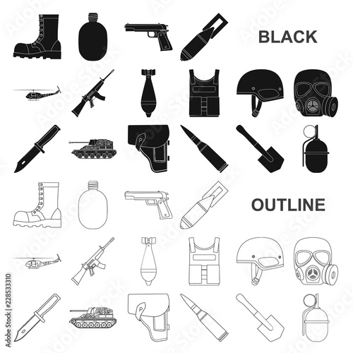 Army and armament black icons in set collection for design. Weapons and equipment vector symbol stock web illustration.