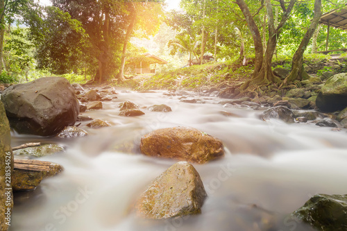 Soft focus of canal in the deep forest with stone at Nakonnayok provice ,Thailand. Shot using slow speed shutter technique. photo