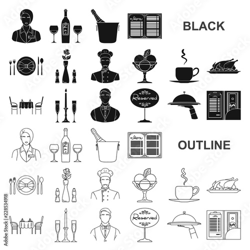 Restaurant and bar black icons in set collection for design. Pleasure, food and alcohol vector symbol stock web illustration.