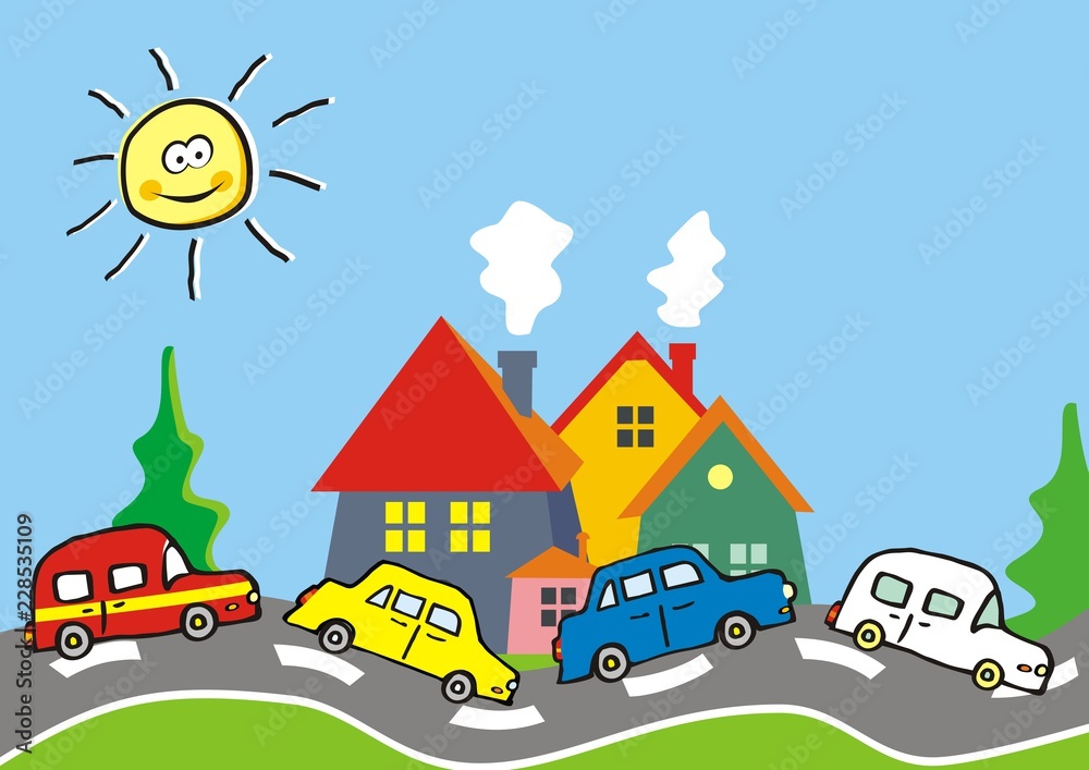 Landscape, group of cars on the road and houses and trees, vector illustration	