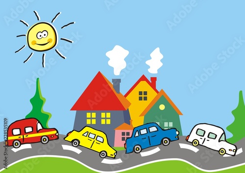 Landscape  group of cars on the road and houses and trees  vector illustration 