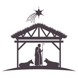 virgin mary and joseph in stable with animals silhouettes