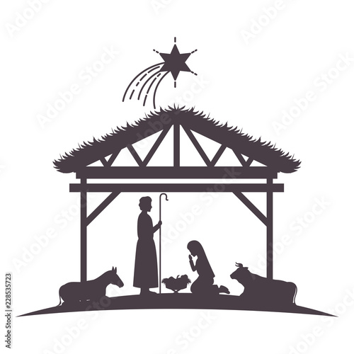 holy family in stable with animals silhouettes