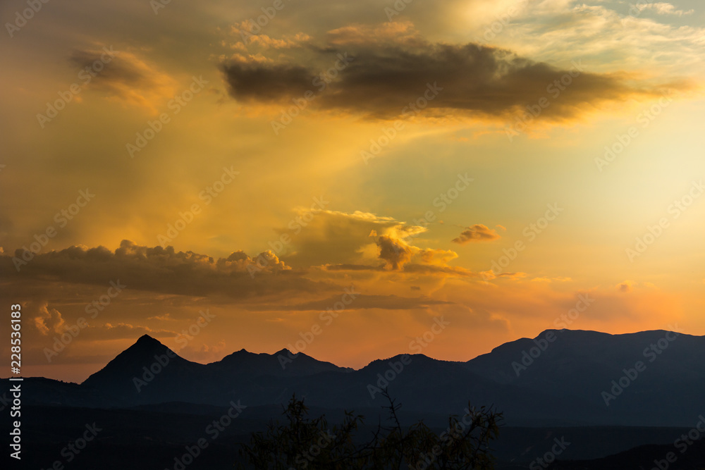 Granada, Spain; October 01, 2018: Sunset landscape and sunset in the mountains of Granada Granada, Spain; October 01, 2018: Sunset landscape and sunset in the mountains of Granada