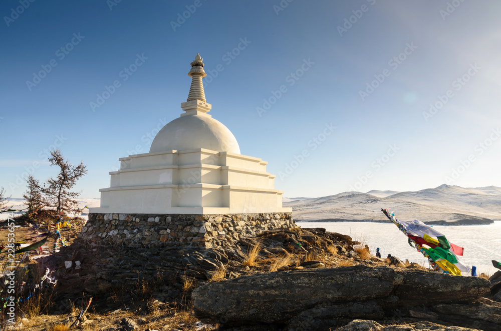 The Buddhist Stupa of Enlightenment in winter at Ogoy Island along Baikal Lake , Irkurtsk , Russia