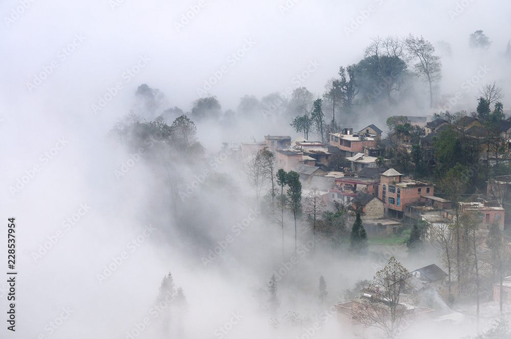 Fog and mist covering rice terrace and the village