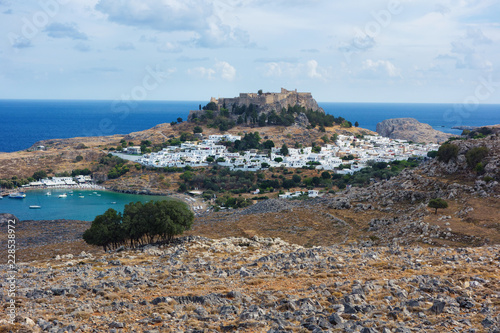Lindos and Acropolis, Rhodes Island, Greece. Lindos is town on the island of Rhodes, in the Dodecanese, Greece. 