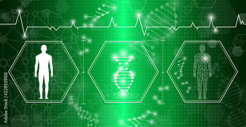abstract background technology concept in green light,human body heal,technology modern medical science in future and global international medical with tests analysis clone DNA human