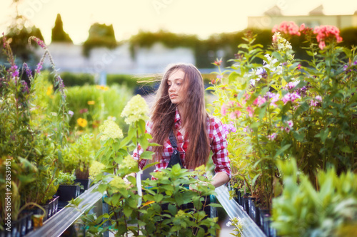 Gardener woman with shopping cart choosing plants and walking along alley in a garden center