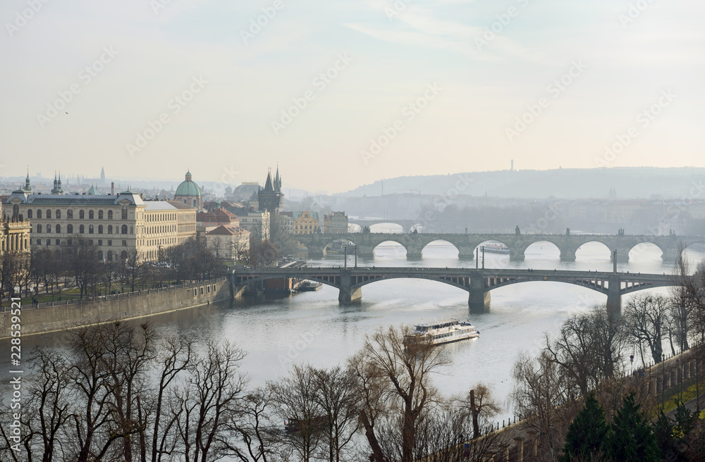 View towards Prague bridges from Letna Park, Czech Republic.