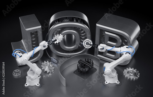 Robotics Job. Industrial robotic manipulators, assemling word of JOB from mechanical parts. 3d rendering graphic composition on the theme of 