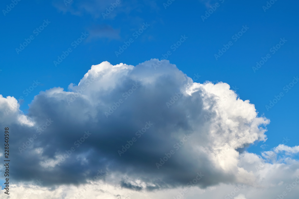 A large dark Cumulus cloud obscures the clear blue sky. Clouds before rain. Background, backdrop, Wallpaper. Pre-storm weather. Sunlight illuminates a huge cloud. A large dark Cumulus cloud obscures the clear blue sky. Clouds before rain. Background, backdrop, Wallpaper. Pre-storm weather. Sunlight illuminates a huge cloud.