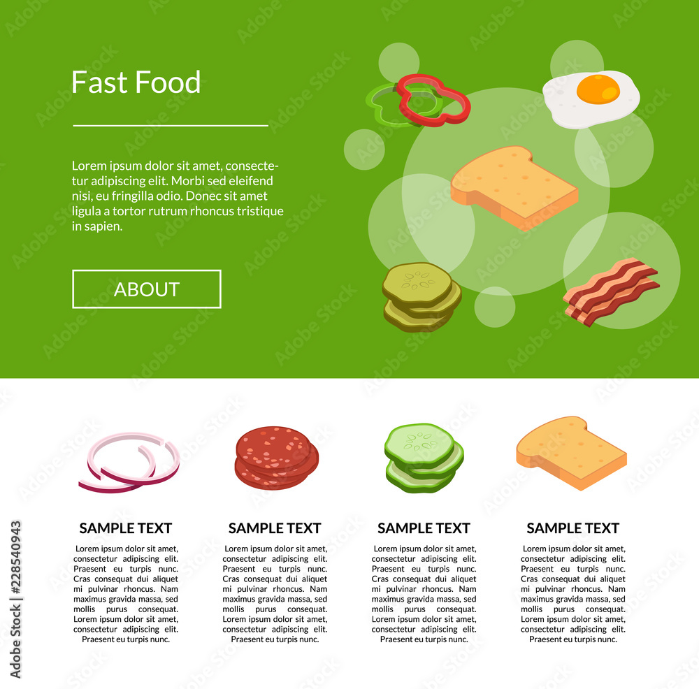 Vector isometric burger ingredients landing page template illustration banner for web site Vector isometric burger ingredients landing page template illustration banner for web site
