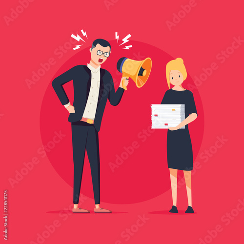 Vector cartoon illustration of angry boss and frightened employee. Man standing near the table, woman with papers