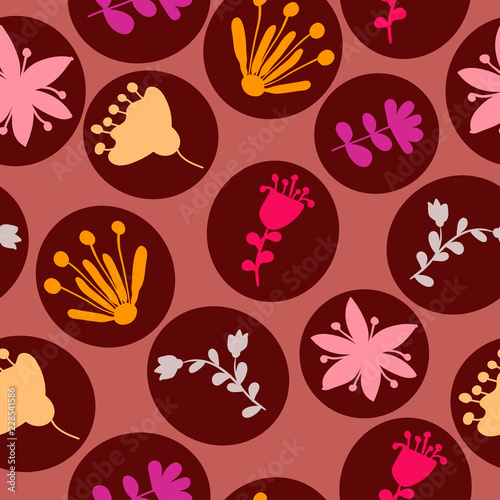 dark brown circles with colorful floral ornaments