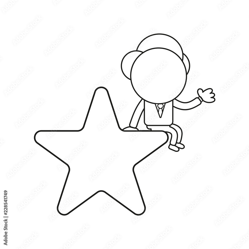 Vector illustration of businessman character sitting on star. Black outline.