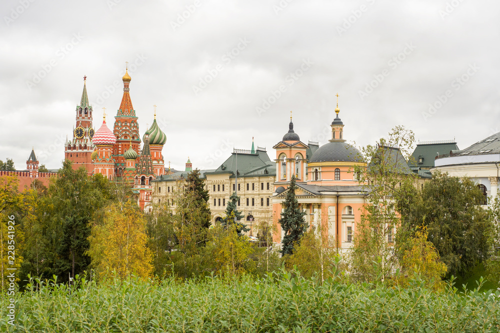 Panoramic view of the Moscow Kremlin and St. Basil's Cathedral and GUM Russia from Zaryadye Park autumn view.