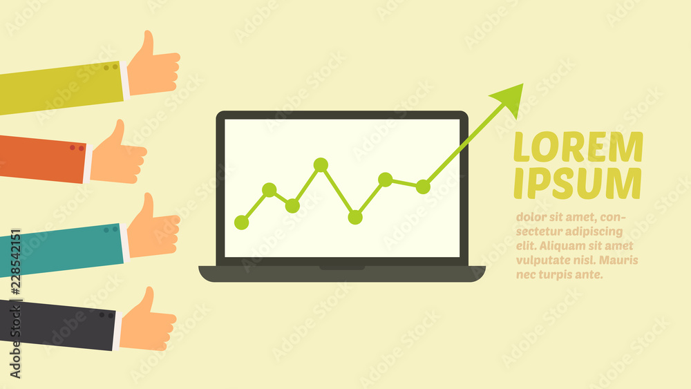 Businessman thumbs up to growth graph on the laptop screen vector Businessman thumbs up to growth graph on the laptop screen vector