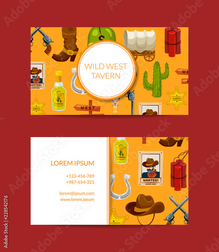 Vector cartoon wild west elements business card template for bar illustration