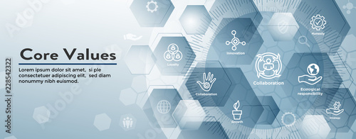 Core Values Web Header Banner image with Integrity, Mission, etc Icon Set
