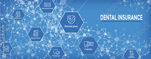 Dental Insurance Web Header Banner with Outline Icons, teeth, premiums, insurance, card, id
