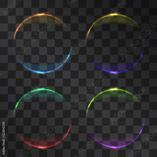 Eclipse miracle glowing vector effect set, dim star light, sun shining rays around planet silhouette. Astronomy phenomenon on transparent background. Light energy crown with illumination flares.