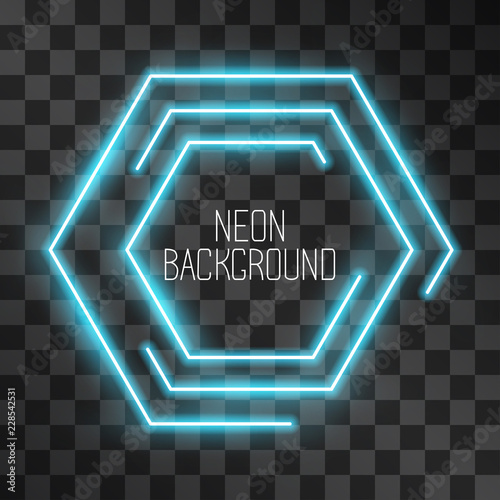 Festive neon hexagon light effect on transparent background. Night shining street bar sign, modern glowing hi tech icon frame for web-sites, logos. Illuminated geometric maze style banner.