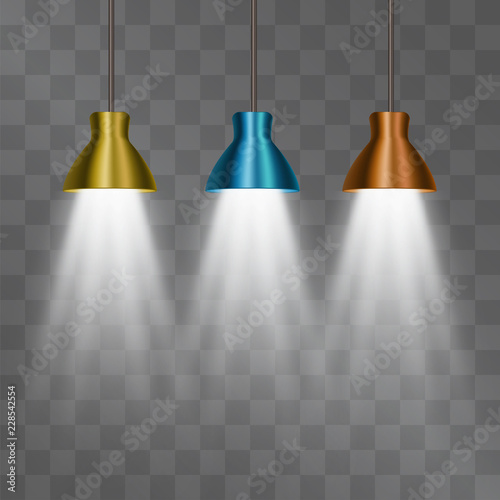 Three metallic lamp-shade electric illumination set, modern loft interior design isolated on transparent background. Ceiling cord hanging lamps with bulb lights. Minimalistic interior design.