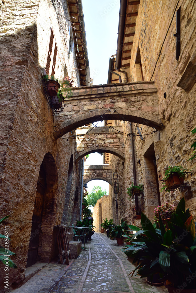 Floral streets of Spello in Umbria, Italy. - obrazy, fototapety, plakaty 