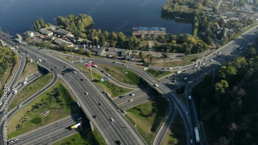 drone shot busy traffic intersection in city drone shot busy traffic intersection in city