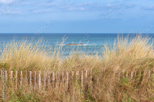 French landscape - Bretagne. View to the sea with dunes and grass in the foreground.