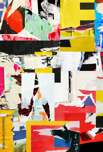 Fotografie Collage ripped torn posters grunge creased crumpled paper texture background pla