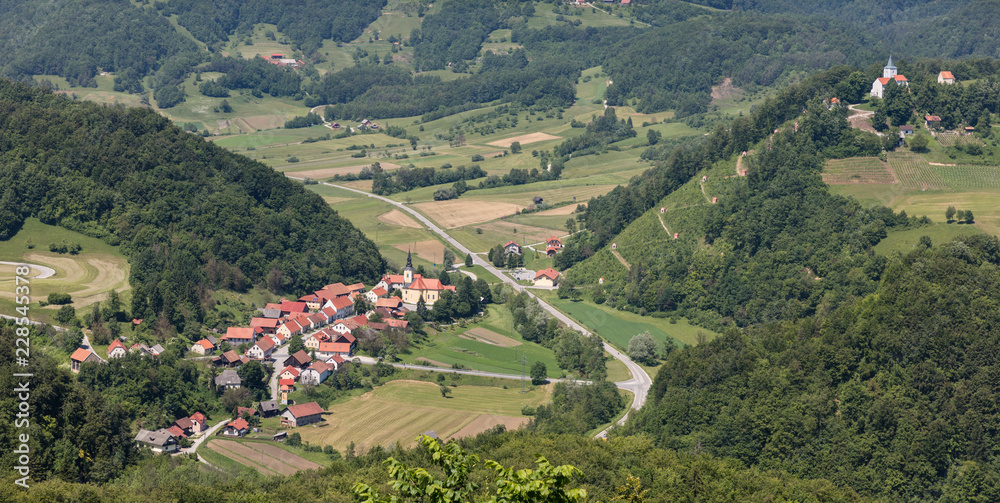 Aerial view of old village Podsreda with pilgrimage site Stara Sveta gora in south Styria (Stajerska), Slovenia