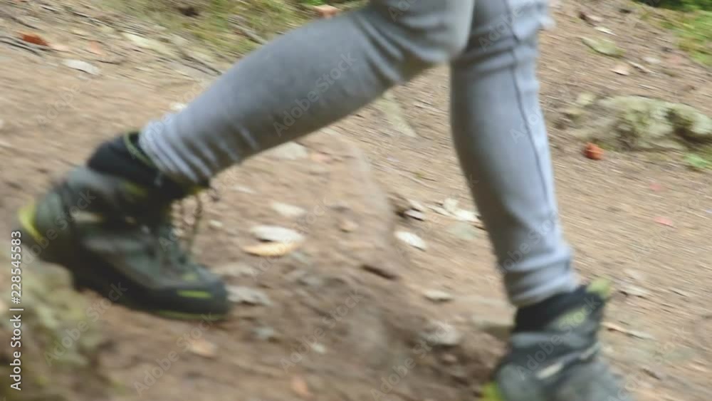 Slender girl walking along the path in the coniferous forest. Tourism in the Caucasus Reserve. Closeup of a tourist's foot. Goes towards the camera Slender girl walking along the path in the coniferous forest. Tourism in the Caucasus Reserve. Closeup of a tourist's foot. Goes towards the camera