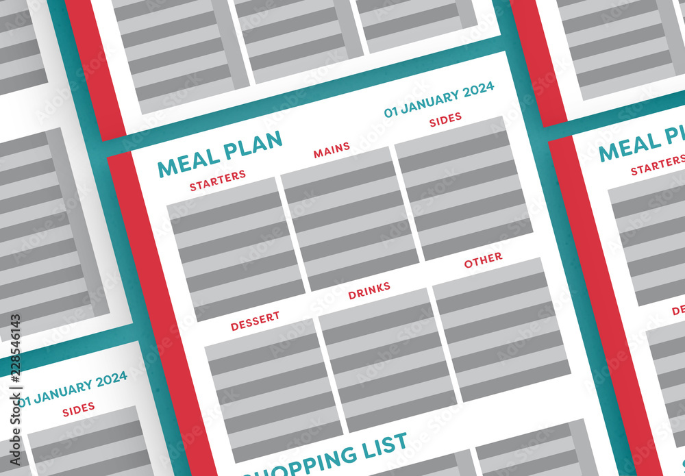 Meal Planner Layout with Red Sidebar Stock Template | Adobe Stock