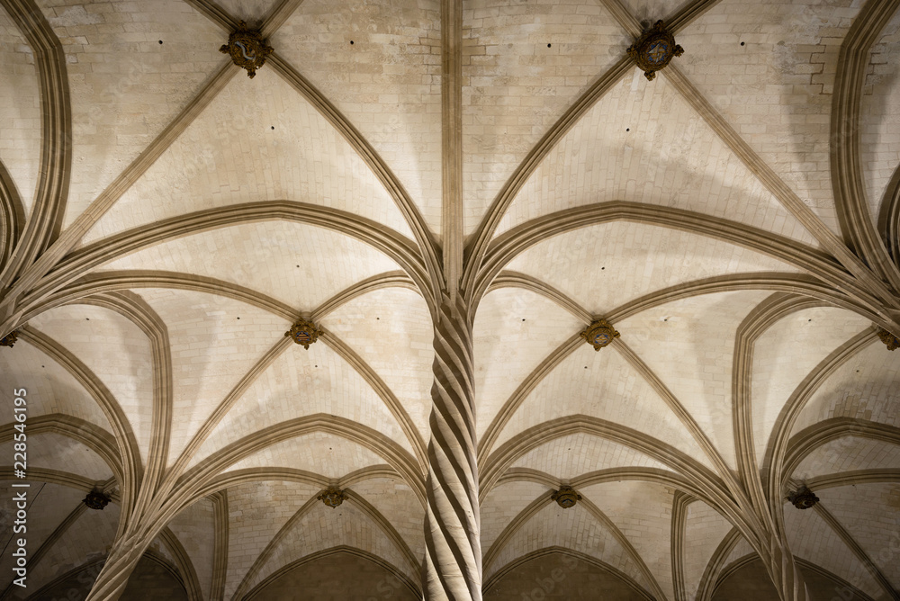 La Llotja gothic vaulted ceiling interior in Palma de Mallorca, Balearic islands, Spain