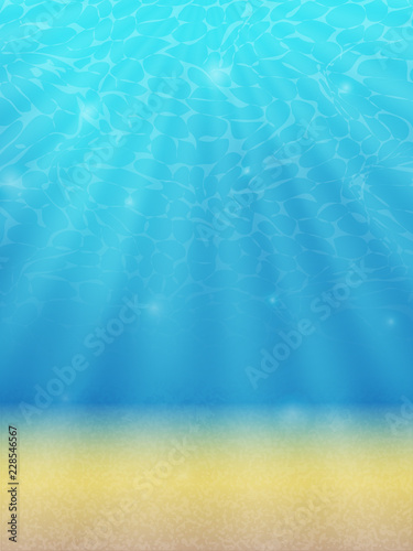 magical beautiful underwater background. Blue sea with sun rays and sand. Realistic style. Vector illustration.