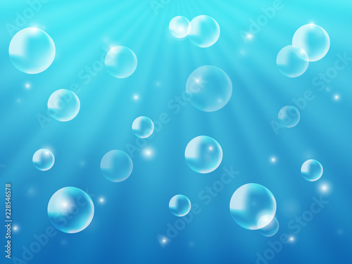 Beautiful background under water. The blue sea and the rays of the sun and bubbles. Realistic style. Vector illustration.