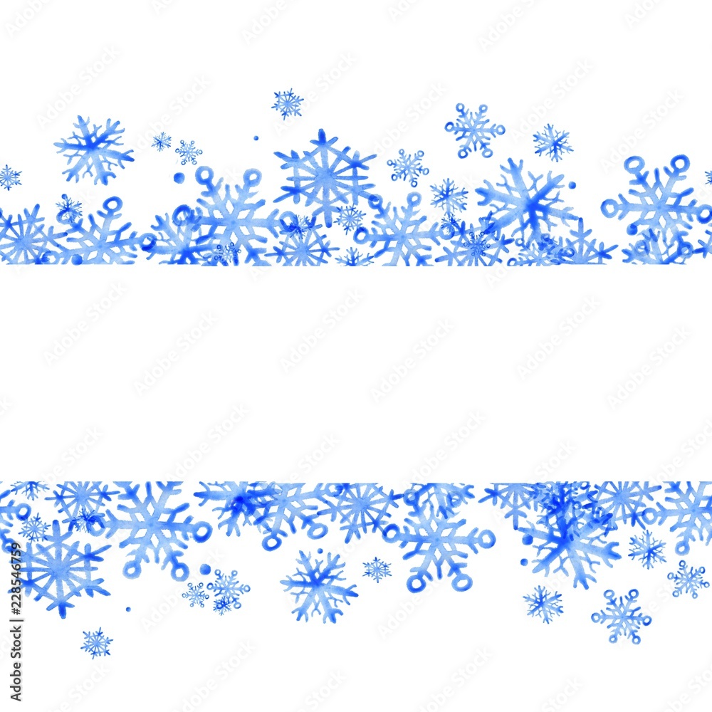 Beautiful winter seamless border of snowflakes. Ideal for invitations, postcards, posters. Watercolor illustration. Hand drawing.
