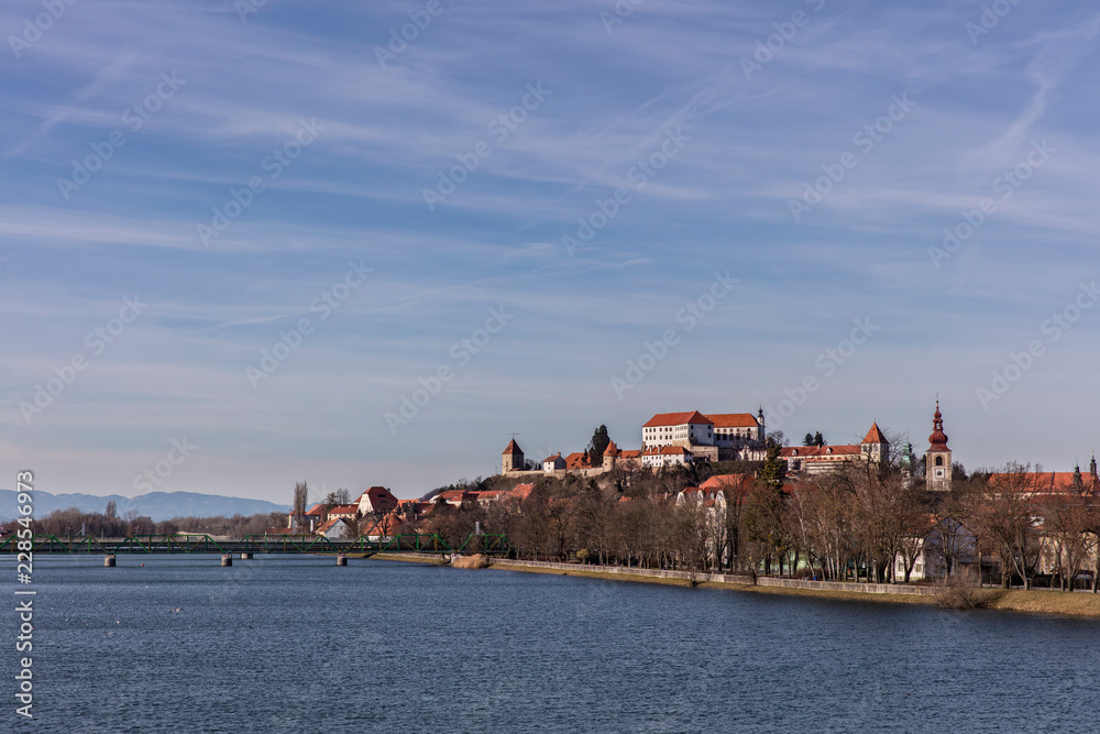 Panorama of old town Ptuj on the banks of river Drava, Slovenia