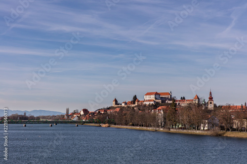 Panorama of old town Ptuj on the banks of river Drava, Slovenia
