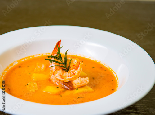 Pumpkin Soup With Shrimps And Salmon