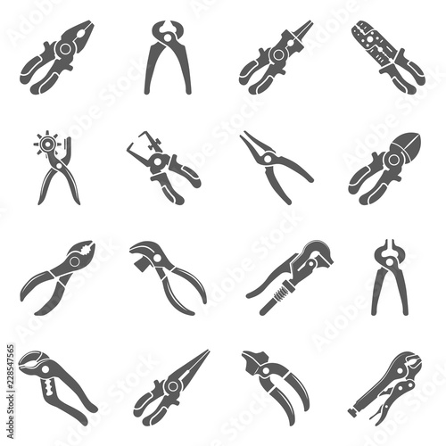 Black Icons - Sixteen different types of pliers