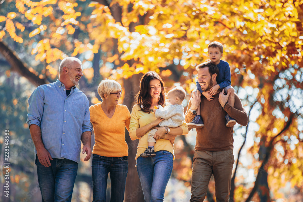 Multl generation family in autumn park having fun - obrazy, fototapety, plakaty 